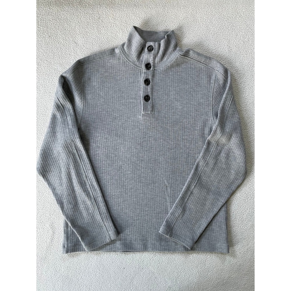 Banana Republic Mens Medium Pullover Gray Ribbed Mock Neck Henley Cotton Sweater